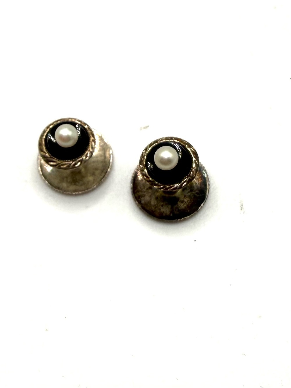 Antique Sterling Silver Tuxedo Studs with Black ONYX and Pearl Accent